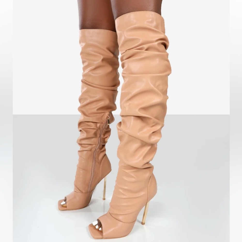NUDE RUCHED KNEE HIGH STILLETO OPEN TOE BOOTS, Size 11, 5 inch heel